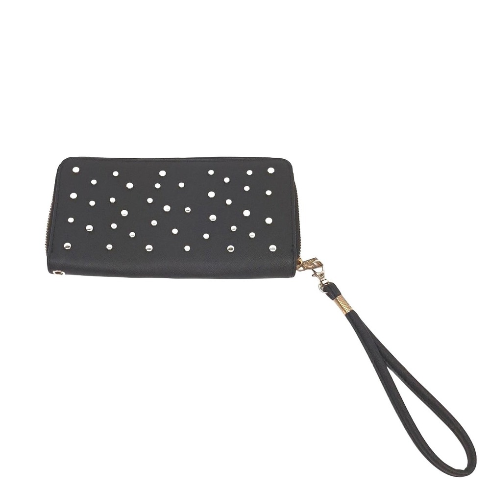 Black Studded Zip Around Wristlet Wallet Saffiano Faux Leather Clutch Bag